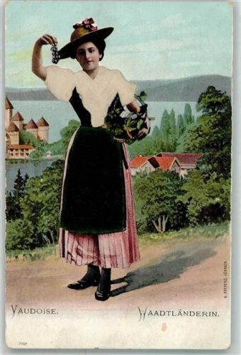 1904 - mit echter Stoff Applikation Vaudoise mit Wintrauben AK