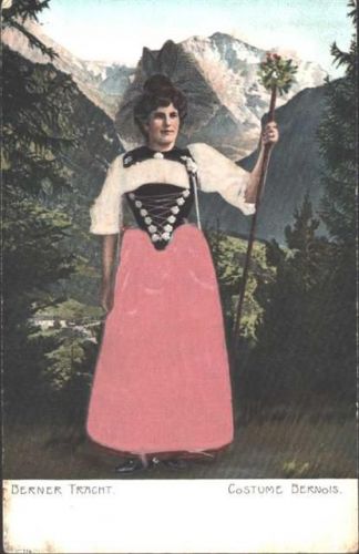 Prägedruck Berner Tracht, Kleidapplikation aus Stoff montiert auf AK von 1911