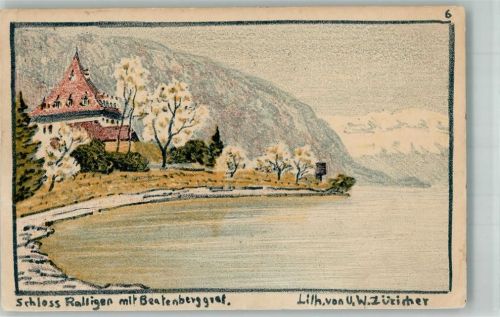 3658 Merligen Gebrauchsspuren sign. Züricher, U.W. Schloss Ralligen Künstlersteindruck