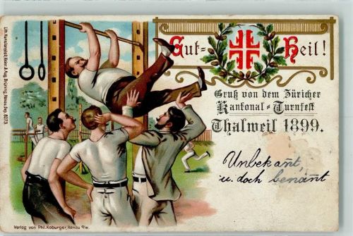 8800 Thalwil 1899 Gebrauchsspuren Züricher Kantonal-Turnfest Reck Ringe Barren Männer Lithographie