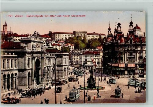 8000 Zürich - Bahnhofplatz mit alter und neuer Universität Tram Pferdekutschen