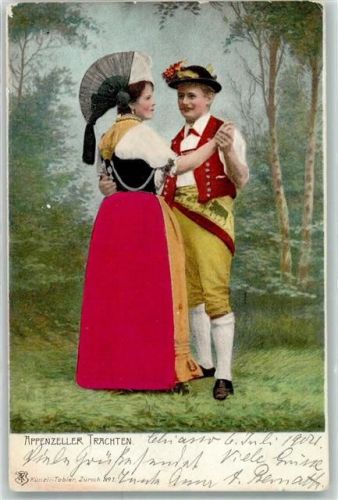 1904 - mit echter Stoff Applikation Prägedruck Verlag Künzli Tobler Nr. 1 - Liebespaar Tanz AK