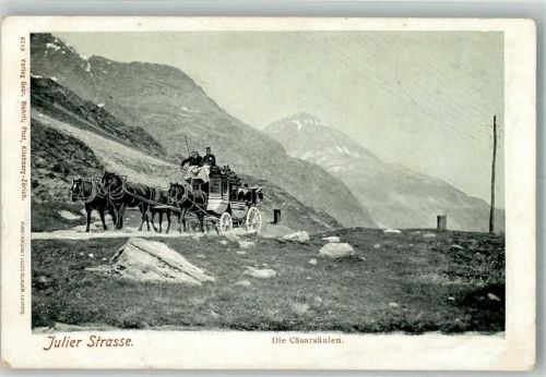7513 Silvaplana Foto AK Postkutsche Julier Straße Cäsarsäulen
