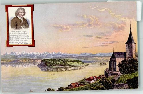 2514 Ligerz Gléresse Künstlerkarte Eglise de Gléresse J.J. Rousseau Porträt