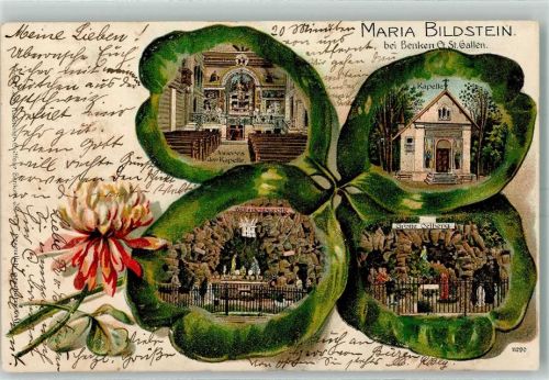 8717 Benken SG 1907 Prägedruck Maria Bildstein Kapelle Weihnachtsgrotte Grotte Ölberg Vierblättriger Klee Lithographie