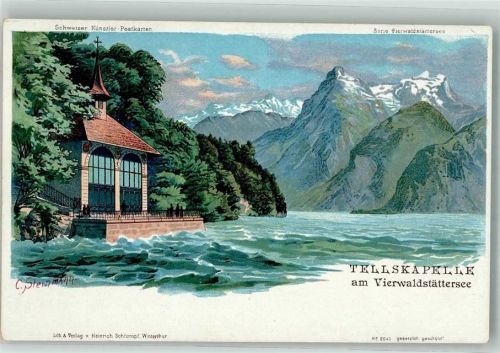 6452 Sisikon Lithographie sign. Steinmann, C. Tellskapelle Vierwaldstättersee
