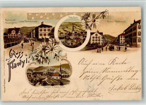 9230 Flawil 1899 BOAKC Lithographie Gasthaus Rosengarten Untere Bahnhofstraße Kath. Kirche Mittlere Bahnhofstraße Oberglatt Ev. Kirche Verlag Künzli Nr 1750