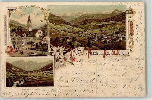 9650 Nesslau 1899 Lithographie Dorfplatz Nesslau Neu St. Johann Rietbad mit Säntis