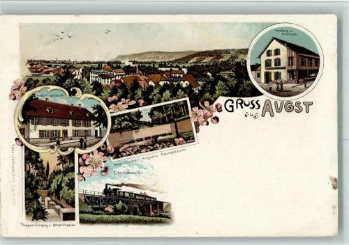 4302 Augst BL 1911 BOAKC Lithographie Handlung R. Schaub Anstaltsgebäude Amphitheater Augusta Rauracorum Eisenbahnbrücke Gebrauchsspuren, bitte Scan genau beachten!