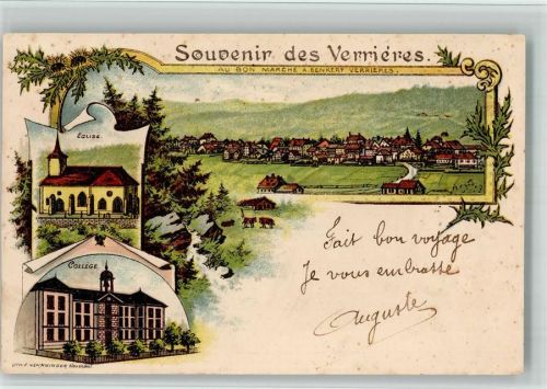 2126 Les Verrières 1904 BOAKC Lithographie College Eglise