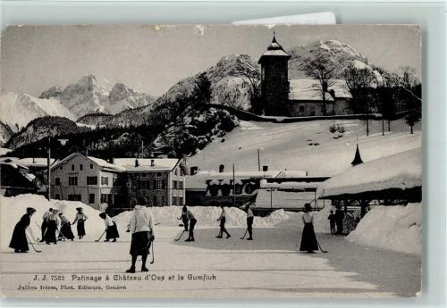 1660 Château-d´Oex 1908 Gebrauchsspuren Verlag J.J. 7532 Winter - Touristen spielen Eishockey - Patinage a Chateau d`Oex et la Gumfluh
