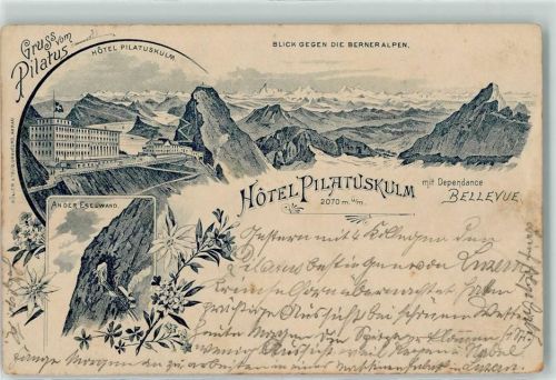 6010 Kriens 1897 - Blick gegen die Berner Alpen Hotel Pilatuskulm mit Dependance Bellevue an der Eselwand Eisenbahn