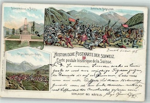 8752 Näfels Lithographie Historische Postkarte Schweiz Schlacht bei Näfels Denkmal