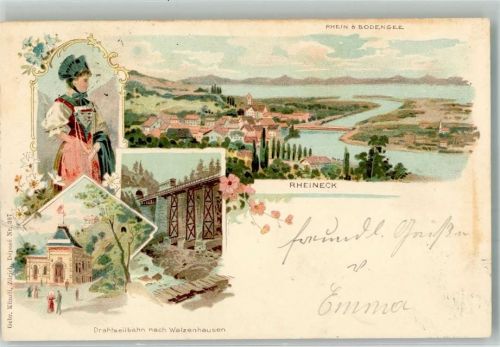 9424 Rheineck 1899 Lithographie Drahtseilbahn nach Walzenhausen Tracht Gebr. Künzli Dep. Nr. 387