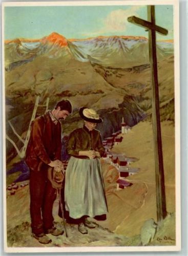 sign. Edmond Bille Sierre Wegkreuz Abendglocken AK Pro Infirmis Schweiz Künstlerkarte