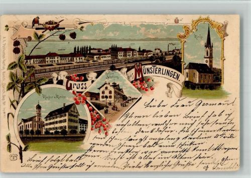 8596 Münsterlingen 1903 BOAKC Lithographie Kirche Pension Schelling Kloster Kirche Bahnhof Verlag Künzli Nr 652
