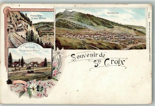 1450 Ste-Croix Gebrauchsspuren Bergbahn Pension Lithographie Reißnagelloch