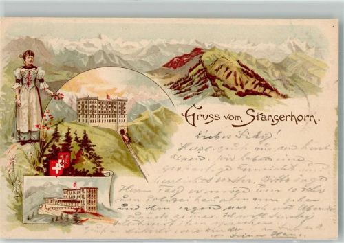 Stanserhorn 1895 Lithographie Tracht Bergbahn Hotel Stanserhorn