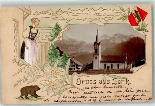 3775 Lenk im Simmental Prägedruck Kirche Tracht Bär Lithographie