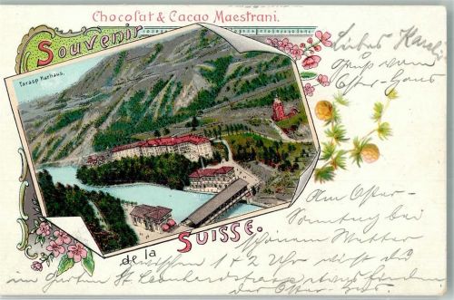 7553 Tarasp 1898 Lithographie Hotel Kurhaus Werbung Chocolat und Cacao Maestrani