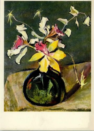 Rudolf Löw - Blumenvase mit Orchidee, sehr gute Erhaltung AK Pro Infirmis Schweiz 1946 Künstlerkarte
