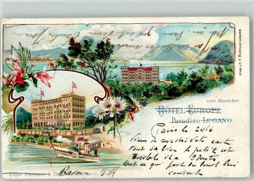 6900 Paradiso 1907 Lithographie Hotel Europe Seitenraddampfer Karte angeschnitten
