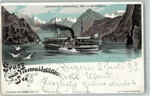 6452 Sisikon 1899 Lithographie Urirothstock Tellskapelle Rütli Schillerstein Seitenraddampfer Stadt Luzern