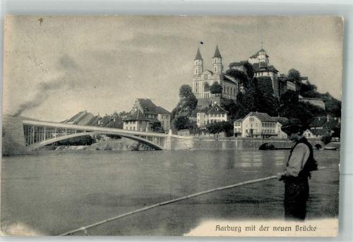 4663 Aarburg 1914 Foto AK Kirche Burg neue Brücke Angler