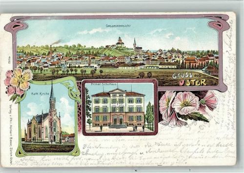 8610 Uster 1906 BOAKC Lithographie Kath. Kirche Primar Schulhaus Feldpost Bataillon Nr 98 Gebrauchsspuren, bitte Scan genau beachten!