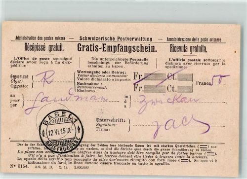 Basel Bâle Empfangschein Phila Schweiz 1915 KEINE AK