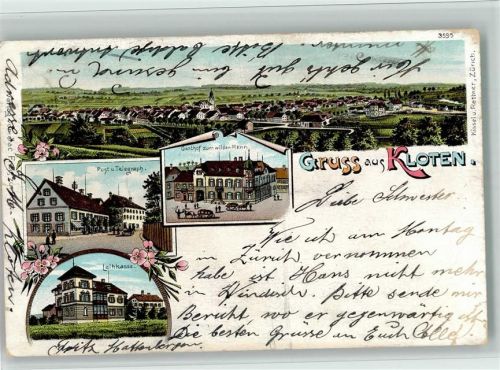 8302 Kloten 1905 BOAKC Lithographie Post Telegraf Gasthaus Zum wilden Mann Leihkasse Gebrauchsspuren, bitte Scan genau beachten!