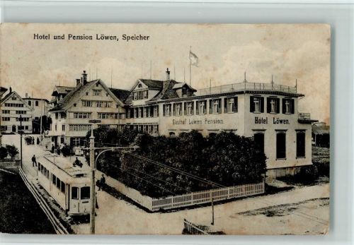9042 Speicher 1913 Gebrauchsspuren Hotel Löwen , Straßenbahn