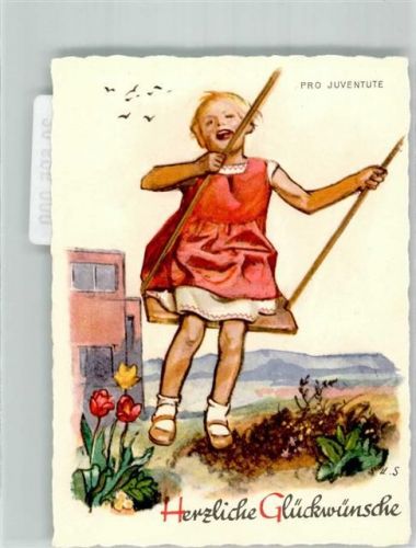 Kind Schaukel Glückwünsche sign. H.S. Pro Juventute Schweiz Künstlerkarte
