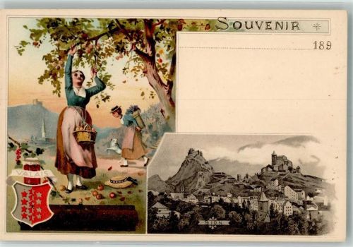 1950 Sion Sitten Lithographie Tracht Apfelernte Burg