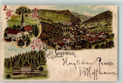 4438 Langenbruck 1899 Gebrauchsspuren Kirche Schulhaus Sanatorium Lithographie Verlag Künzli Nr 2016