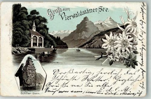 6452 Sisikon Lithographie Denkmal Schillerstein Kirche Tellskapelle Vierwaldstätter See