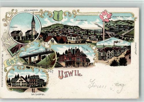 9240 Uzwil 1904 BOAKC Fabrik Bühler Bad Buchenthal Eisenbahnbrücke Lithographie