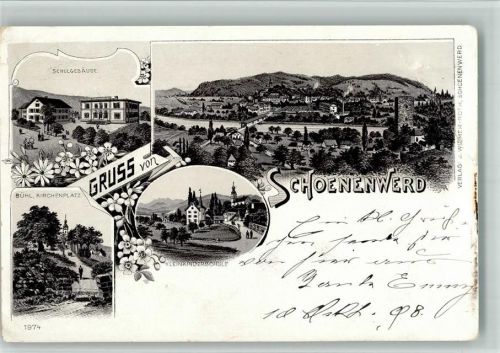 5012 Schönenwerd SO 1898 BOAKC Lithographie Bühl Kirchenplatz Kleinkinderschule Schulgebäude Gebrauchsspuren, bitte Scan genau beachten!