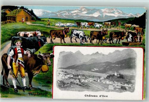 1660 Château-d´Oex - Alpfahrt Kuhhirte Tracht Kühe Kuhglocken Ziegen