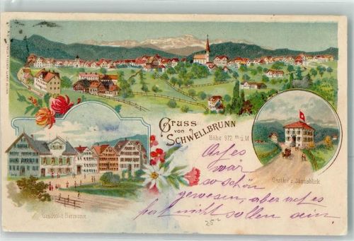 9103 Schwellbrunn 1901 Gebrauchsspuren Gasthaus Zur Harmonie Gasthaus Zum Säntisblick Lithographie