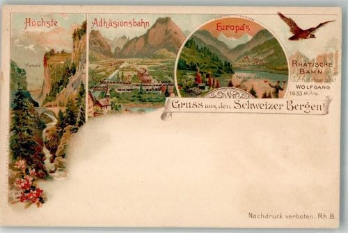 7265 Davos Wolfgang 1899 Lithographie / Künstlerkarte Gruss aus den Schweizer Bergen Adhäsionsbahn Rhätische Bahn