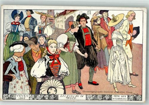 1800 Vevey Lithographie Tracht Weinfest 1905