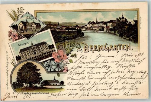 5620 Bremgarten AG 1898 Lithographie Anstalt St. Joseph Schulhaus Linde Einsiedelei Emaus Klatschmohn