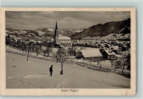6314 Unterägeri 1915 Gebrauchsspuren Winter - vue generale mit Kirche