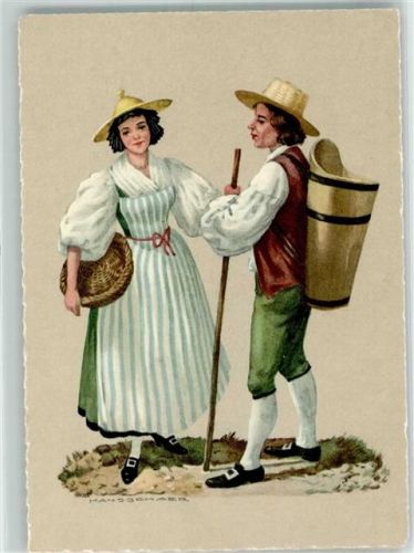 Künstlerkarte sign. Hans Schaer Tracht 18. Jhdt.