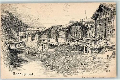 3910 Saas-Grund 1900 Künstlerkarte Chalets sign. G ff