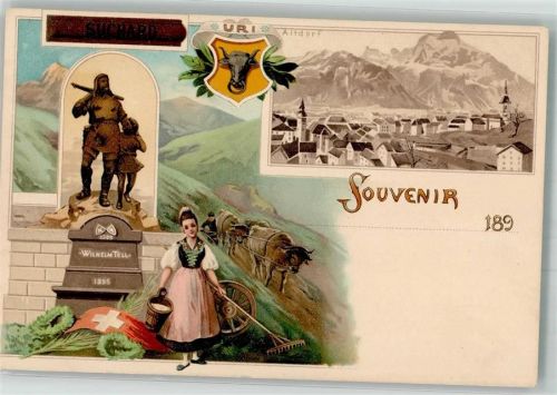 6460 Altdorf UR Lithographie Denkmal Wilhelm Tell Tracht