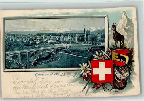 3000 Bern Berne 1902 Passepartout Prägedruck Viadukt Gämse Jagd Wappen Lithographie