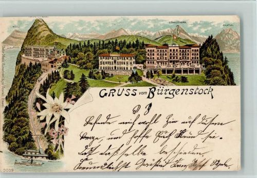 6363 Bürgenstock 1900 Lithographie Gruss aus - Hotel, Bergbahn, Verlag Gebr. Metz 3039 AK