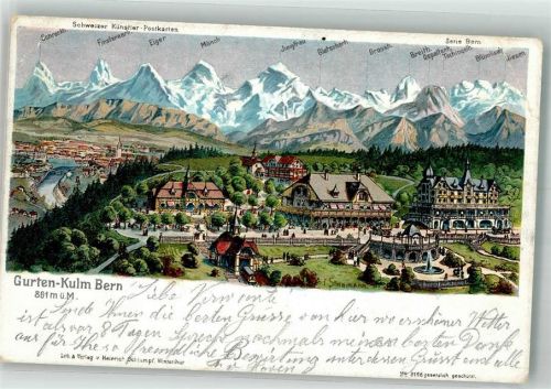 Gurten Kulm 1904 Lithographie sign. Steinmann, C. Hotel Bergbahn
